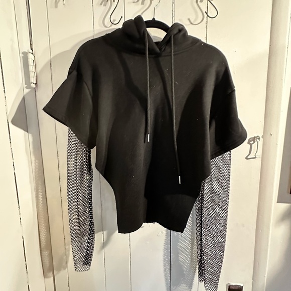 AKIRA Black Hooded Poncho with Mesh RHINESTONE Sleeves - Picture 1 of 4